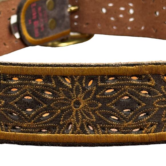Lucky Brand Wide Belt Leather Embroidered Cutout SZ M Womens Brown Western Boho - Picture 4 of 11